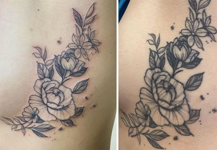 Fine floral tattoo when fresh and three years later