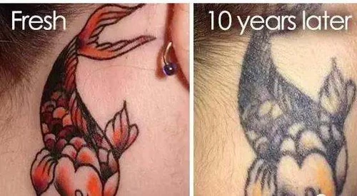 Fresh color tattoo and the same tattoo ten years later after heavy sun exposure