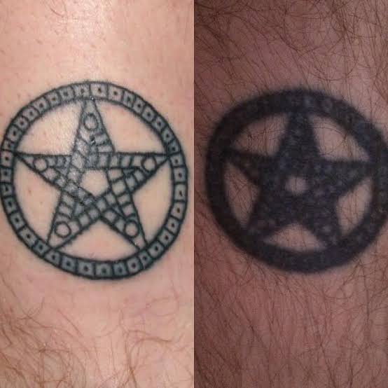 Small detailed geometric tattoo whose lines have spread over time